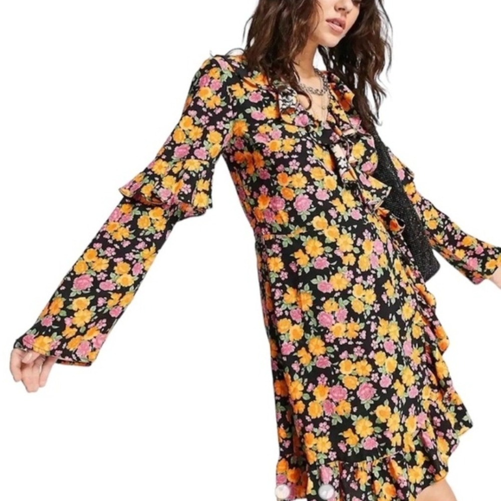 Topshop Boho Retro 70s Floral Ruffle Wrap Mini Dress 6 Colorful Fall Long Sleeve